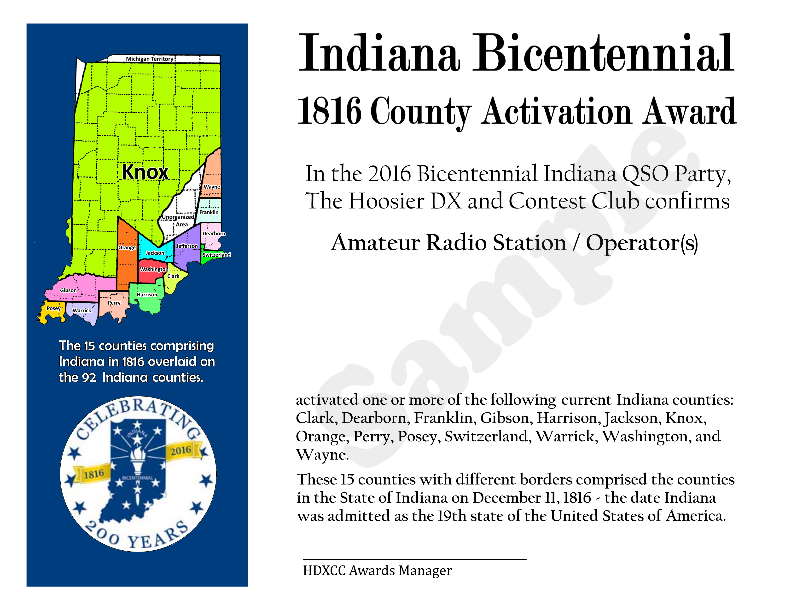 Indiana Bicentennial Activation Award